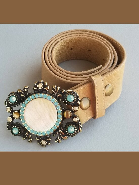 VTG Leatherock Gemmed Belt, Stunning Brass Buckle real Baby Blue stones Floral main image 4